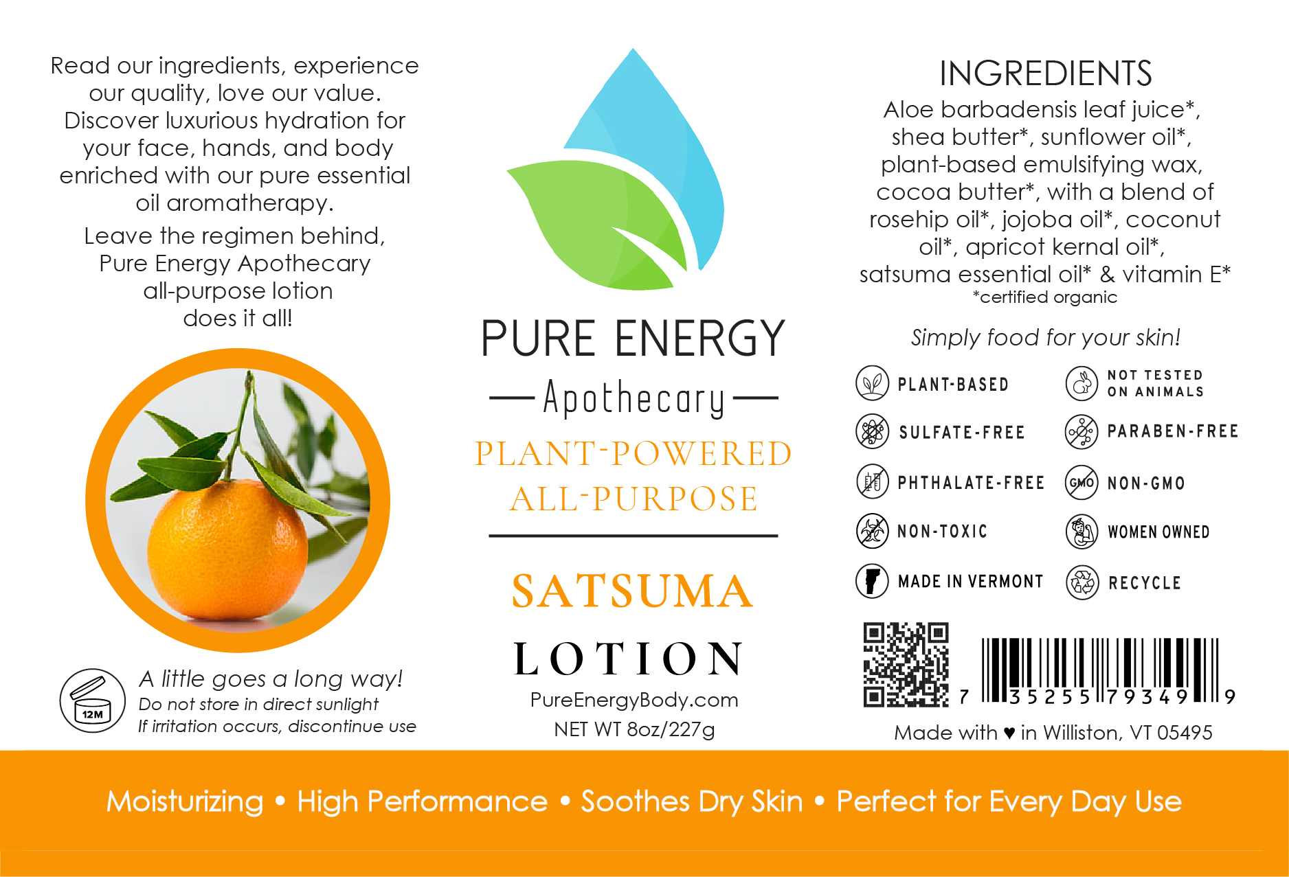 Natural All Purpose Lotion in an 8 oz bottle with Satsuma essential oil, showcasing its refreshing and moisturizing properties.