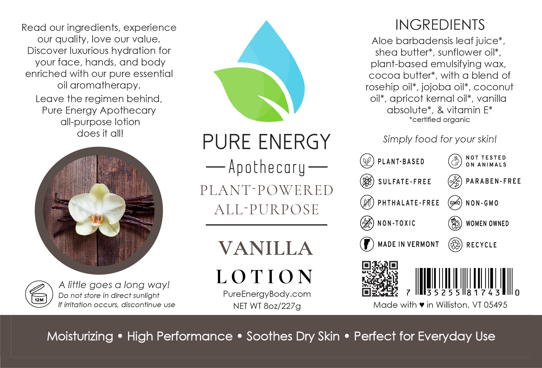 Natural All Purpose Lotion 8 oz in Vanilla, showcasing its creamy texture and elegant packaging, perfect for all skin types.