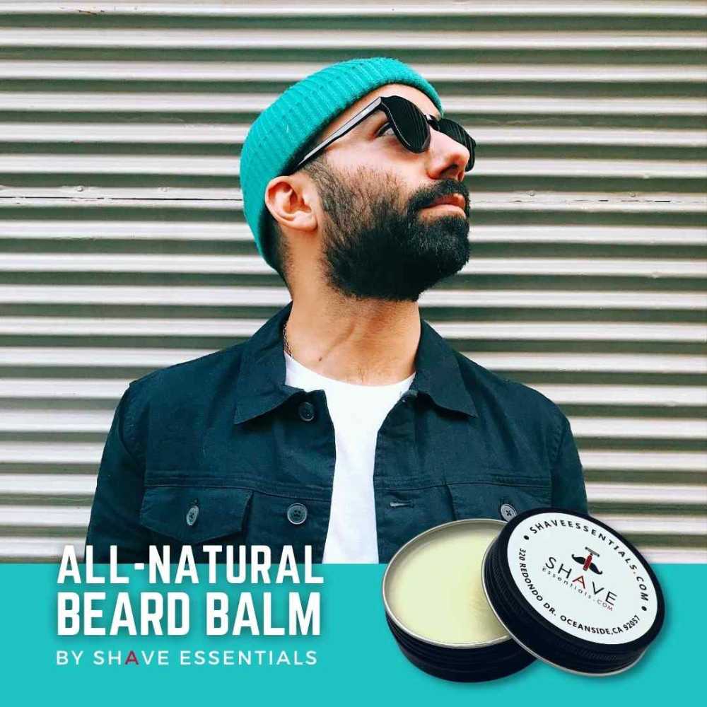 Natural Beard Balm in a stylish container, showcasing its organic ingredients like coconut oil and cedarwood oil.