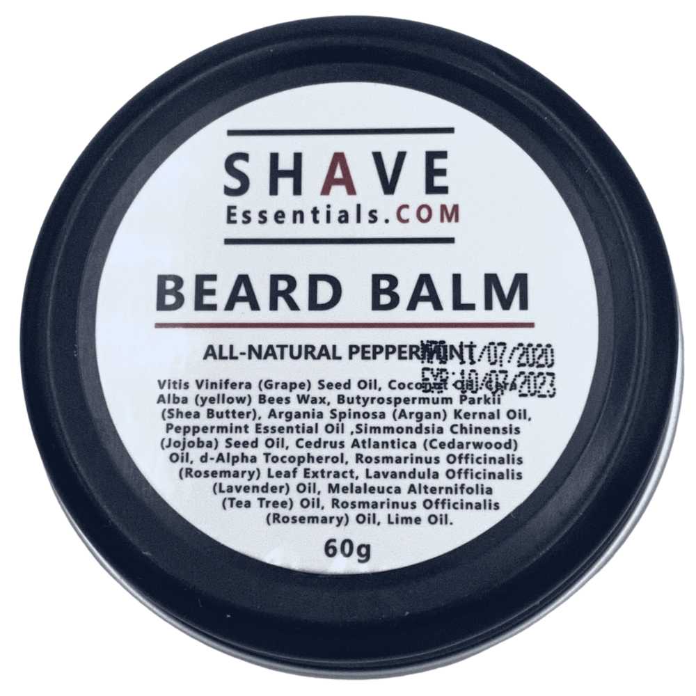 Natural Beard Balm in a stylish container, showcasing its organic ingredients like coconut oil and cedarwood oil.