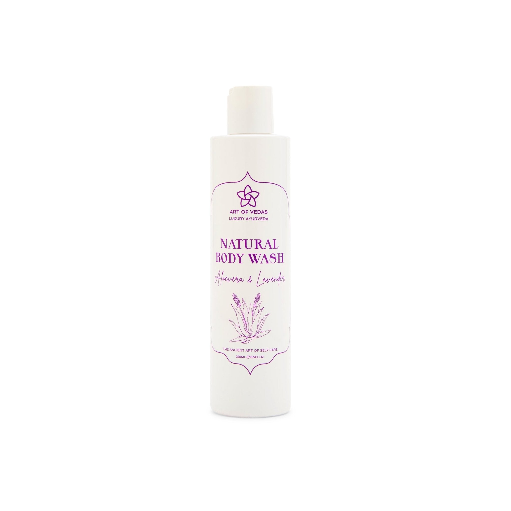 Natural Body Wash with Aloe Vera and Lavender in a sleek bottle, surrounded by fresh Aloe Vera leaves and lavender flowers.