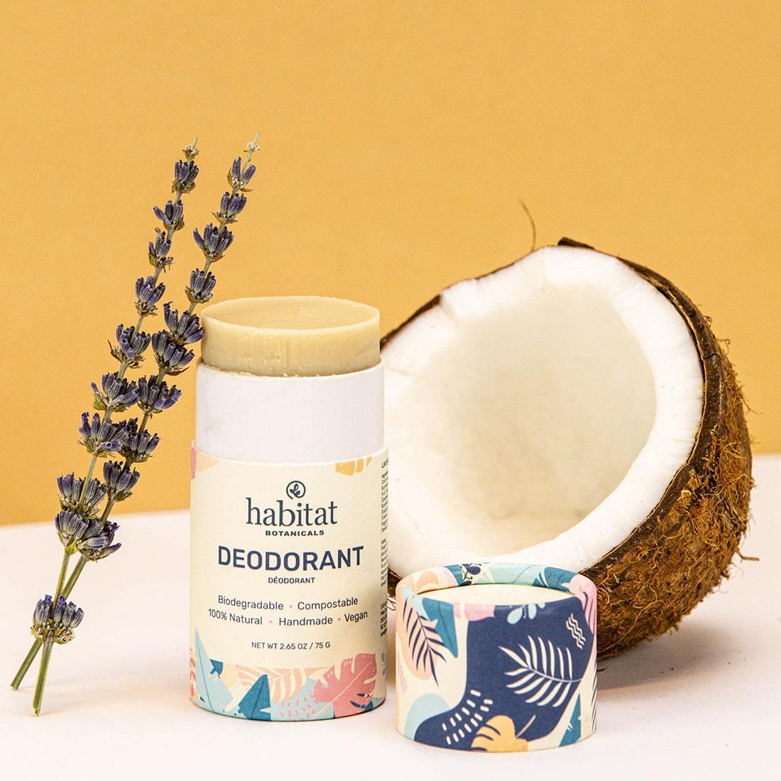 Natural Deodorant in Coconut Vanilla, eco-friendly packaging, cruelty-free ingredients, handmade in Canada.