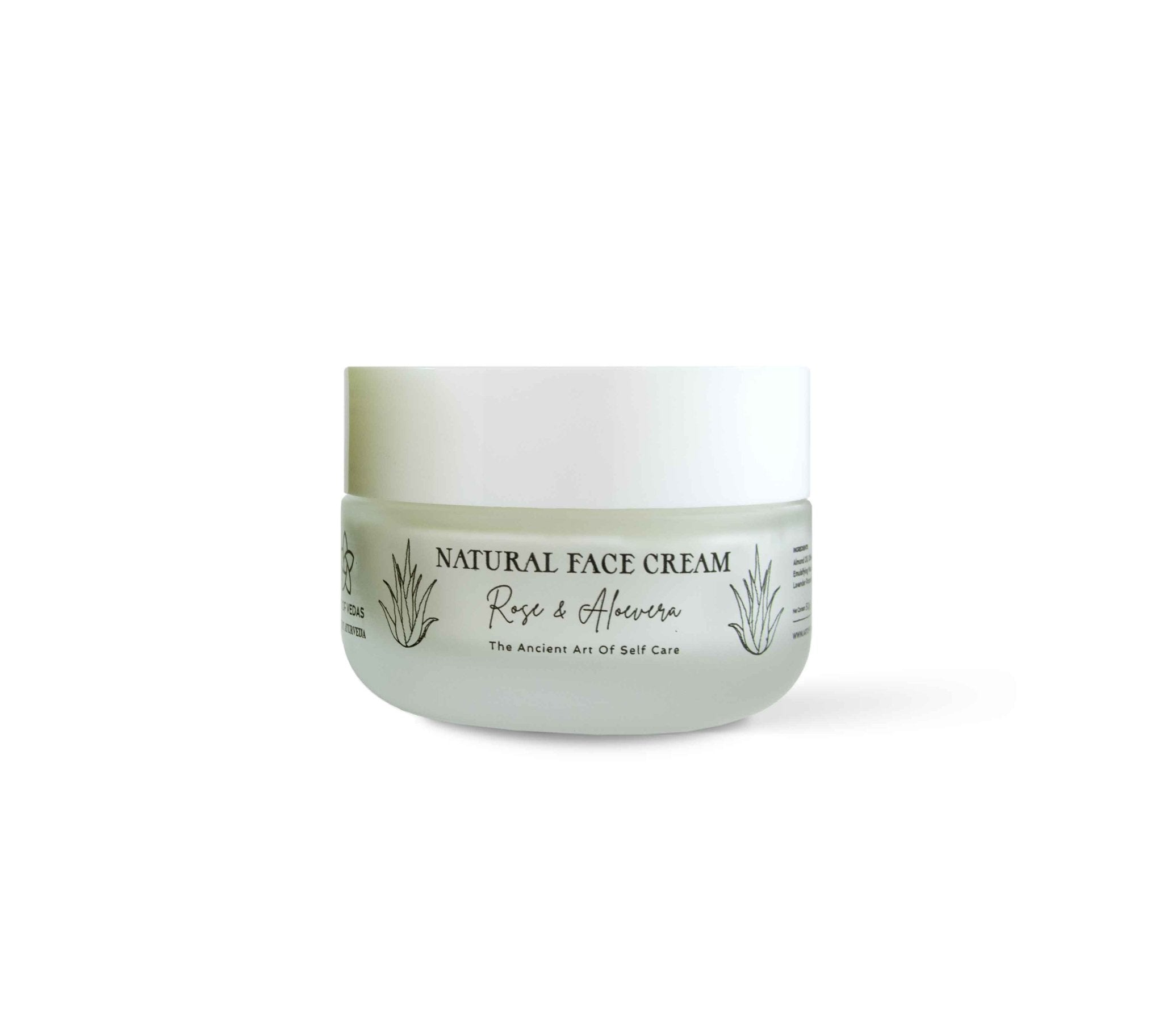 Natural Face Cream with Rose and Aloe Vera in a jar, showcasing its creamy texture and natural ingredients.