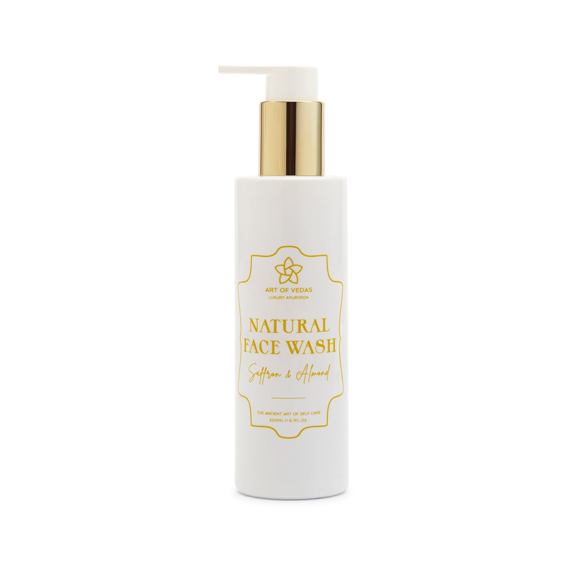 Natural Ayurvedic Face Wash with saffron and almond oil in a stylish bottle, showcasing its organic ingredients.