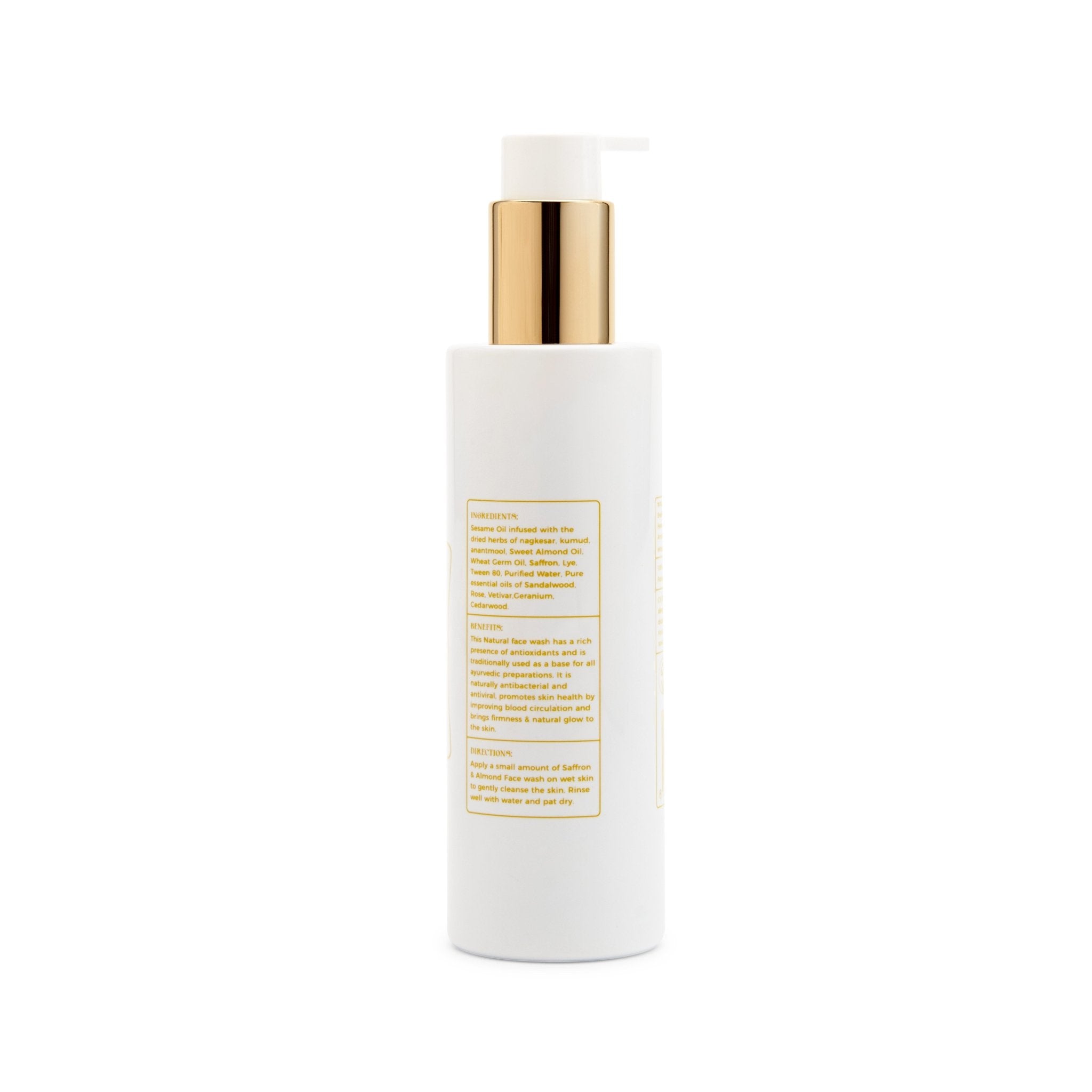 Natural Ayurvedic Face Wash with saffron and almond oil in a stylish bottle, showcasing its organic ingredients.