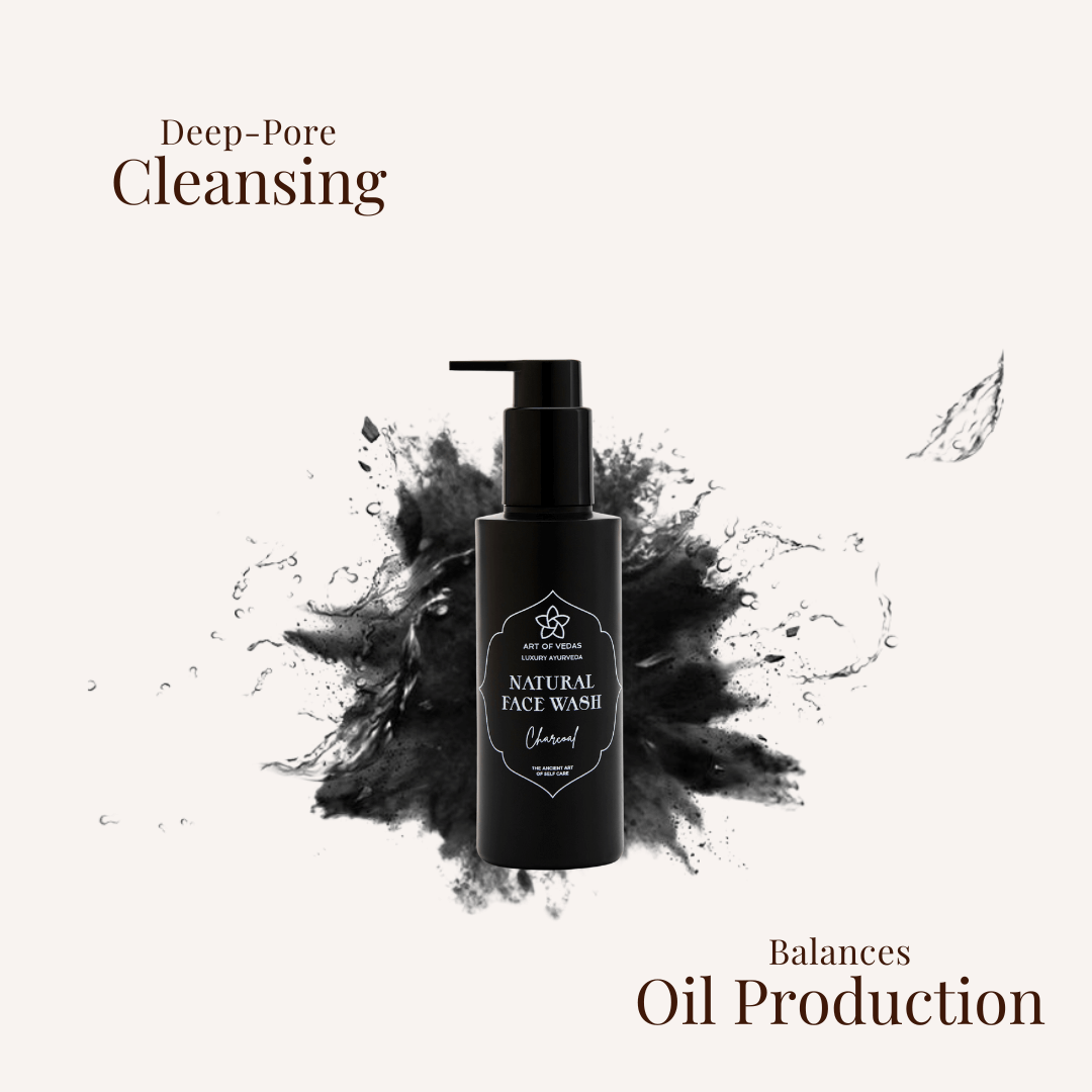 Art of Vedas Natural Face Wash with activated charcoal in a sleek bottle, showcasing its natural and vegan formula for radiant skin.