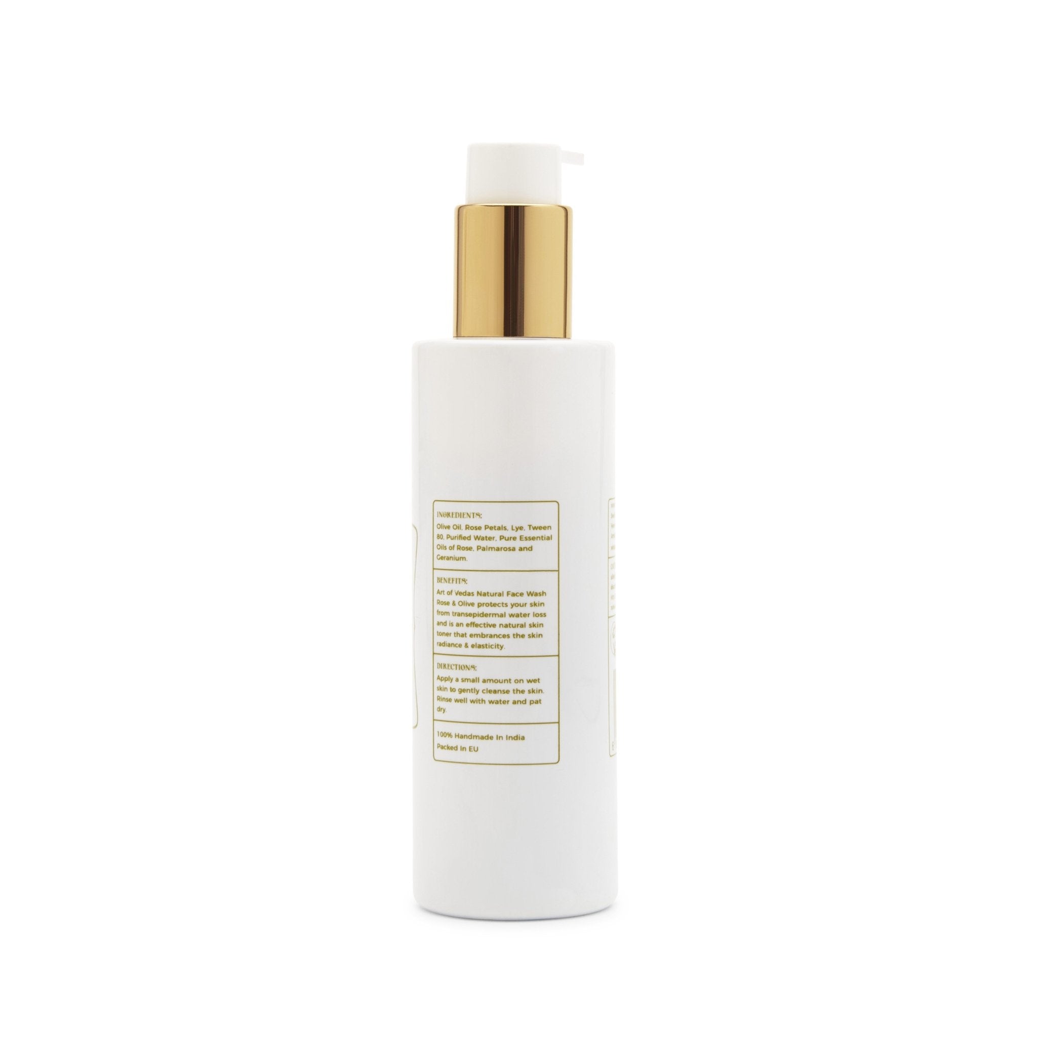 Natural Face Wash with Rose and Olive in a sleek bottle, showcasing its organic ingredients and luxurious packaging.