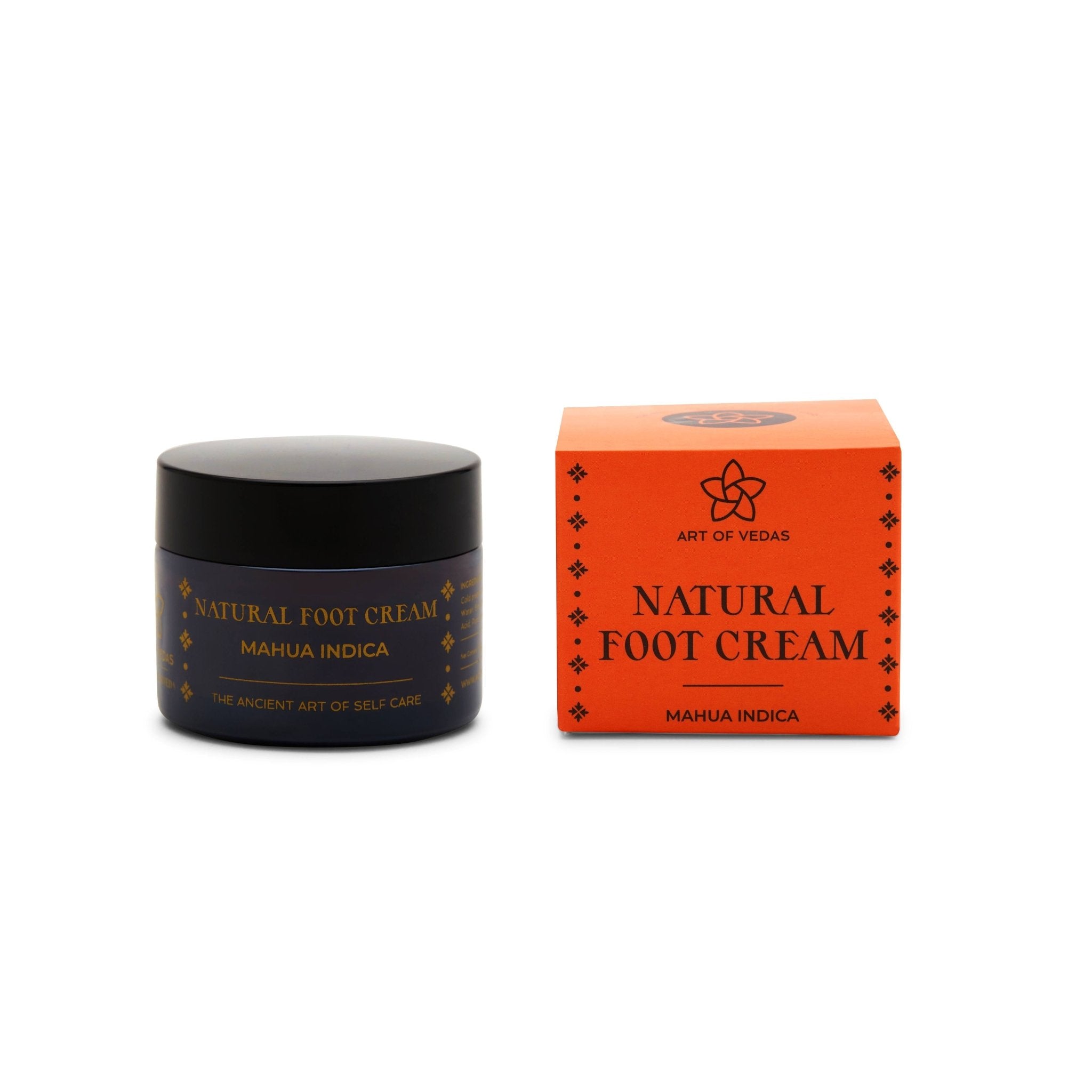 Art of Vedas Natural Foot Cream in a jar, showcasing its creamy texture and eco-friendly packaging, perfect for foot care.