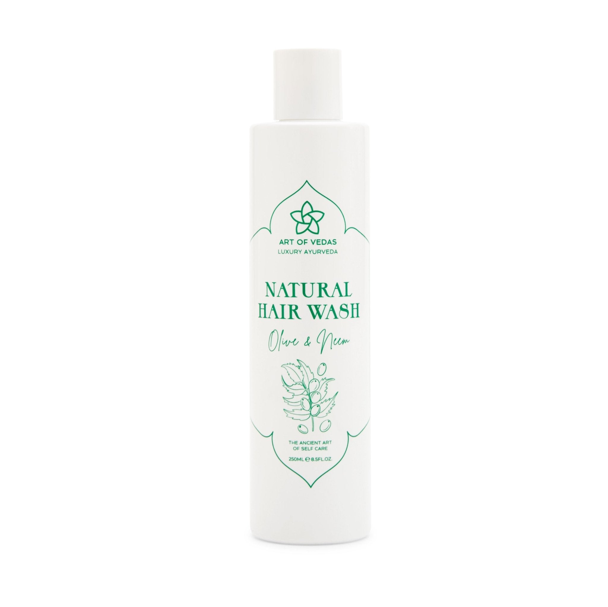 Natural Hair Wash featuring Olive and Neem ingredients in a sleek bottle, showcasing its luxurious and eco-friendly design.