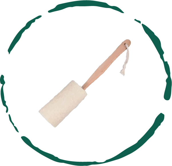 Natural loofah bath brush with a long wooden handle, showcasing its eco-friendly design and soft texture for effective skin exfoliation.