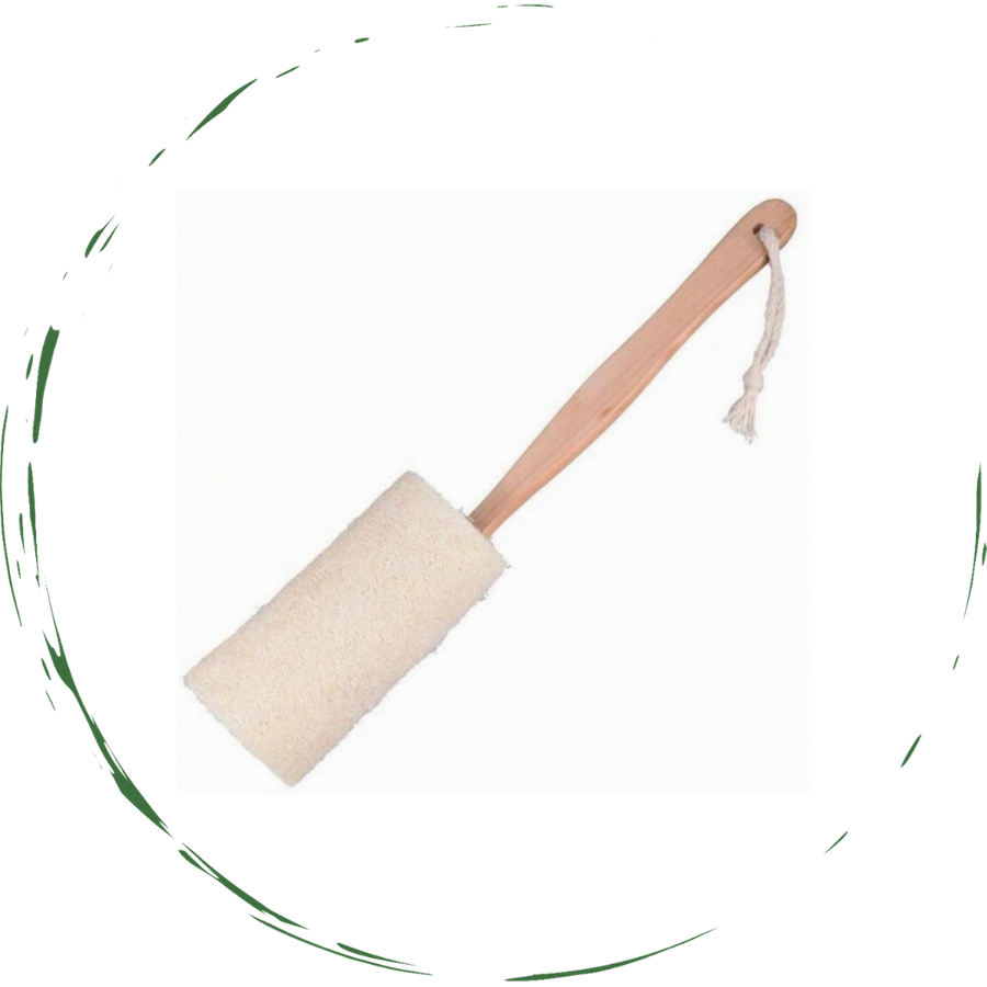 Natural loofah bath brush with a long wooden handle, showcasing its eco-friendly design and soft texture for effective skin exfoliation.