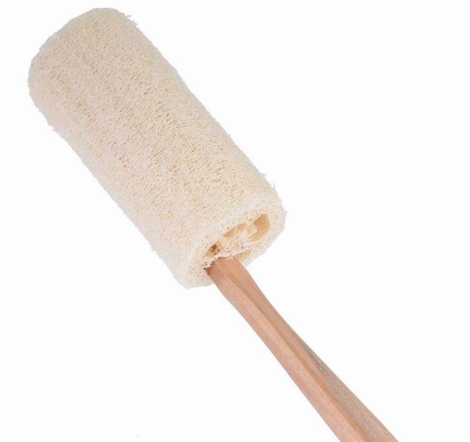 Natural loofah bath brush with a long wooden handle, showcasing its eco-friendly design and soft texture for effective skin exfoliation.