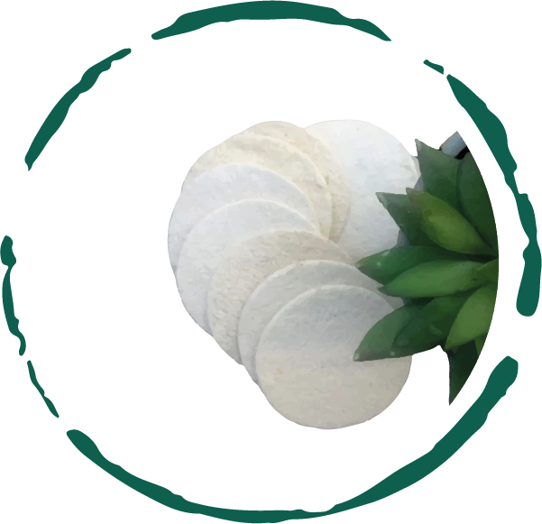 Five natural loofah pads in a pack, showcasing their off-white color and circular shape, ideal for exfoliating skin.