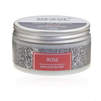 Natural Shea Body Butter in a jar, showcasing its creamy texture and floral scent options, Rose and Amalia.