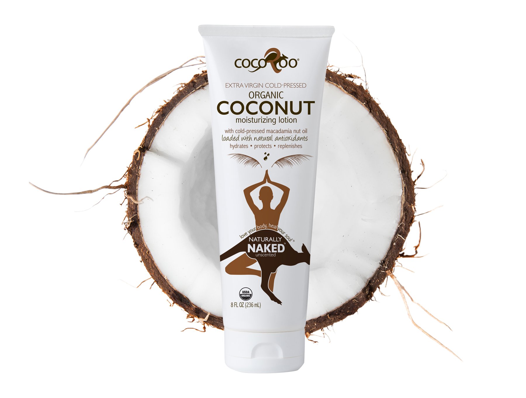 Naturally Naked Organic Coconut Oil Moisturizer in an 8 oz tube, showcasing its simple and pure ingredients with a tropical coconut theme.