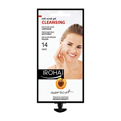 Iroha Nature Cleansing Apricot Soft Scrub Gel in a clear tube with apricot illustrations, showcasing its natural ingredients.