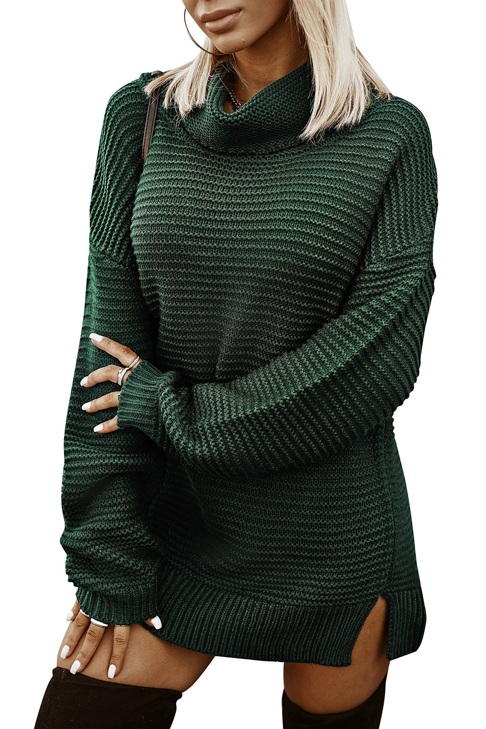 A cozy navy long sleeves turtleneck sweater displayed on a mannequin, showcasing its soft fabric and elegant design.