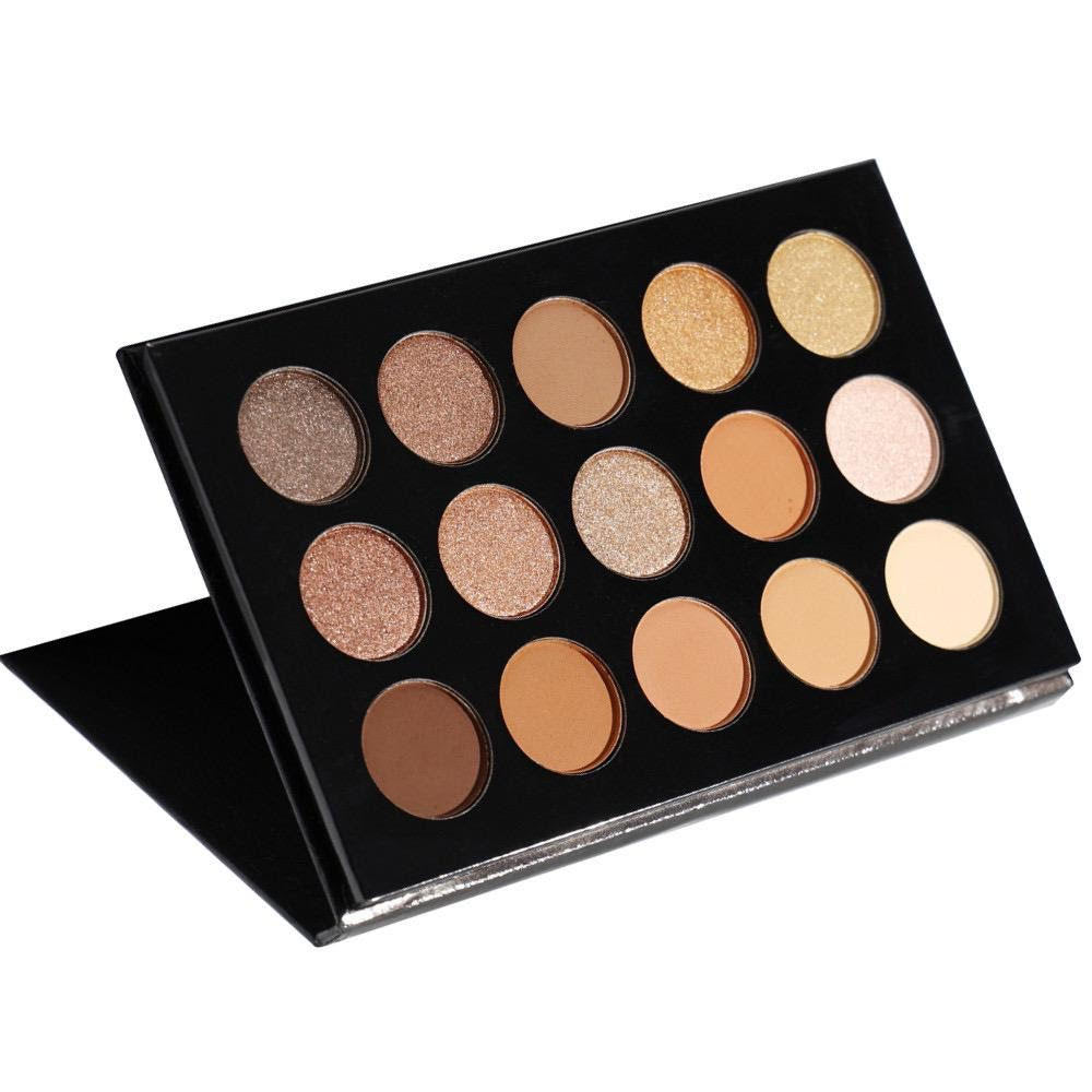 Neutral Eyeshadow Looks Palette featuring 15 versatile shades in matte and metallic finishes for nude makeup looks.