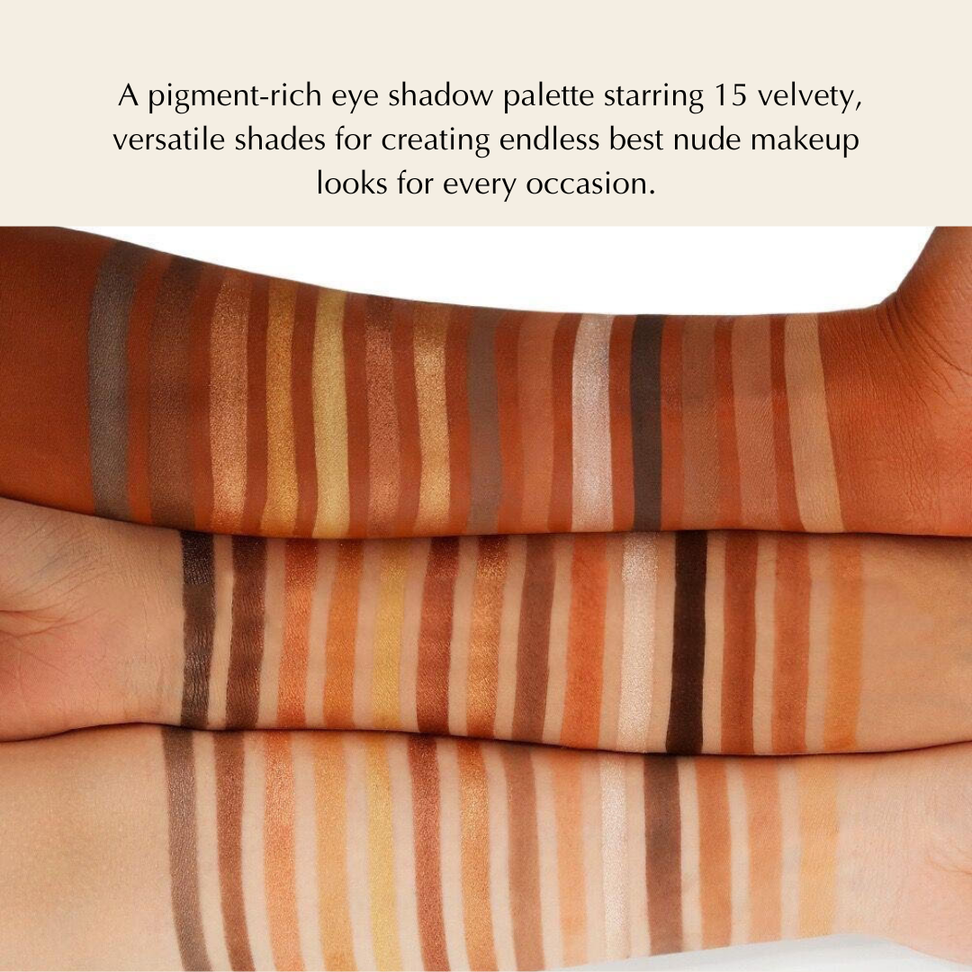 Neutral Eyeshadow Looks Palette featuring 15 versatile shades in matte and metallic finishes for nude makeup looks.