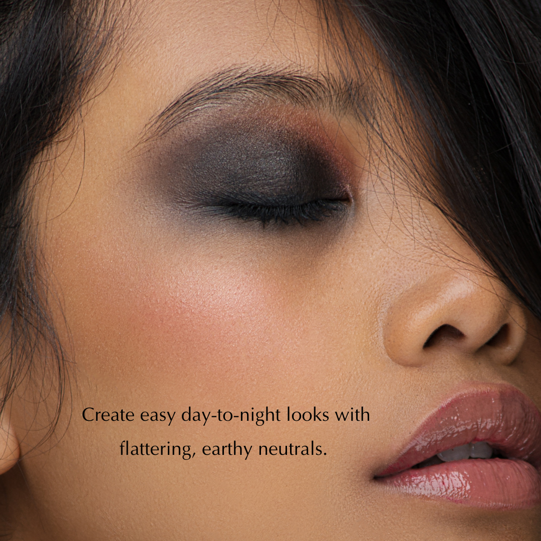 Neutral Eyeshadow Looks Palette featuring 15 versatile shades in matte and metallic finishes for nude makeup looks.