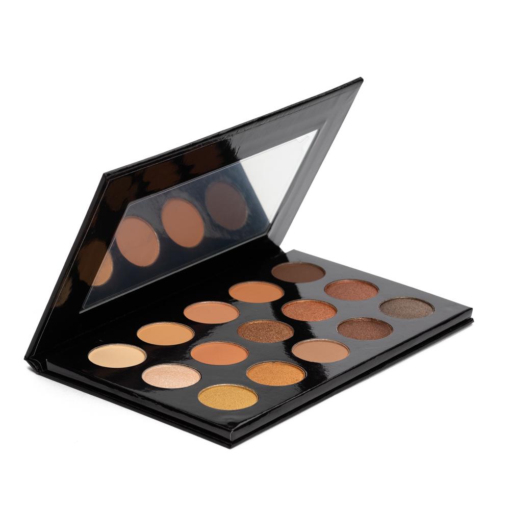 Neutral Eyeshadow Looks Palette featuring 15 versatile shades in matte and metallic finishes for nude makeup looks.