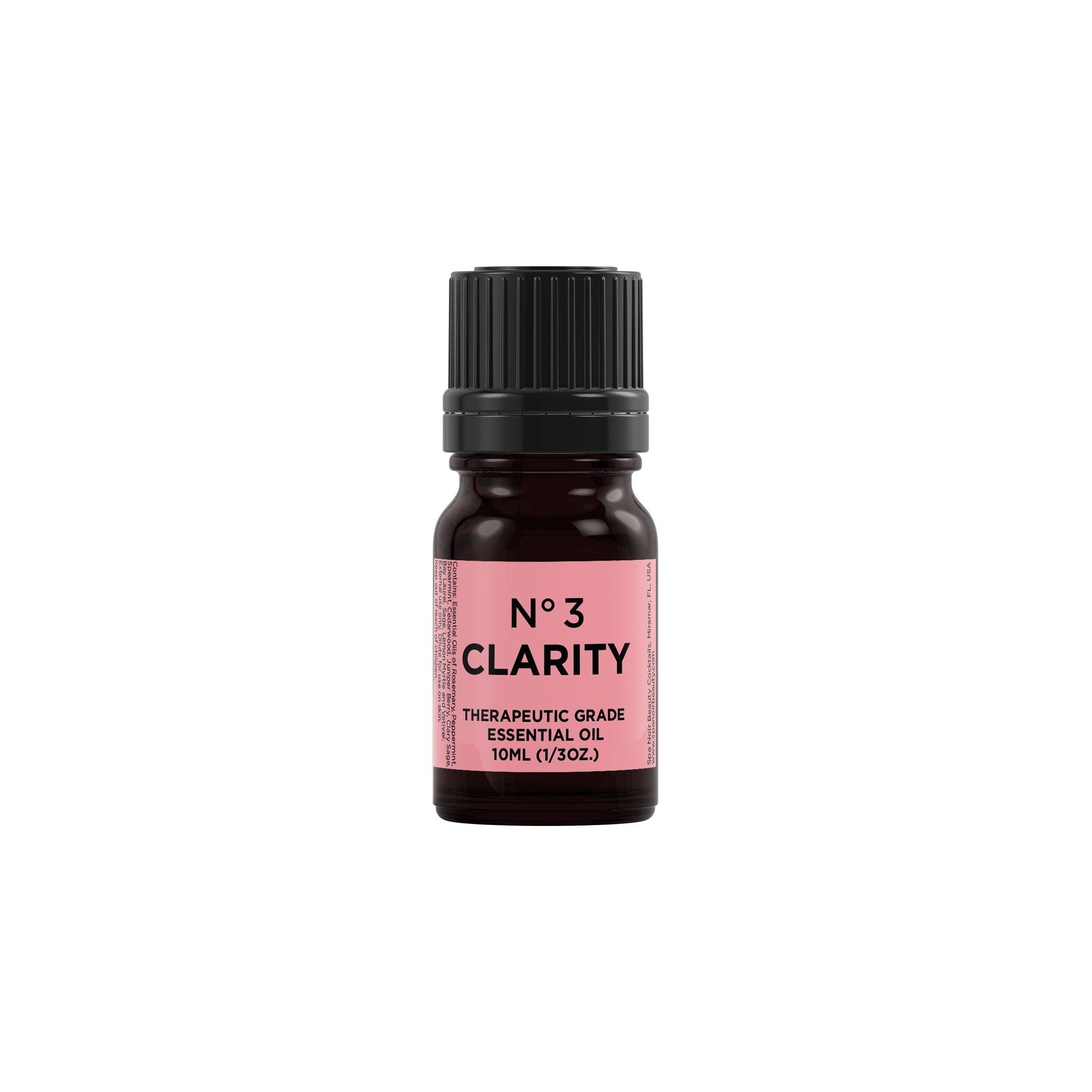 A 10 ml bottle of No. 3 Clarity Essential Oil surrounded by fresh herbs and essential oil drops.