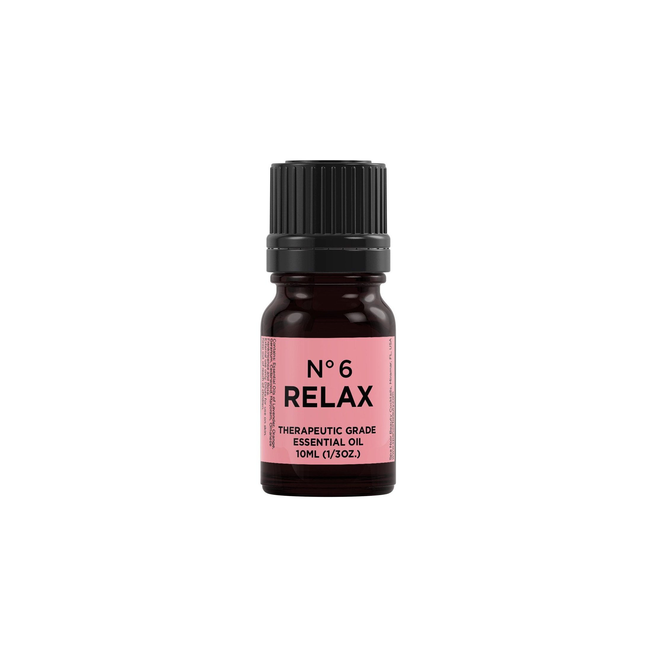 No. 6 Relax Essential Oil in a 10 ml bottle with a soothing blend of lavender, orange, and cedarwood essential oils.