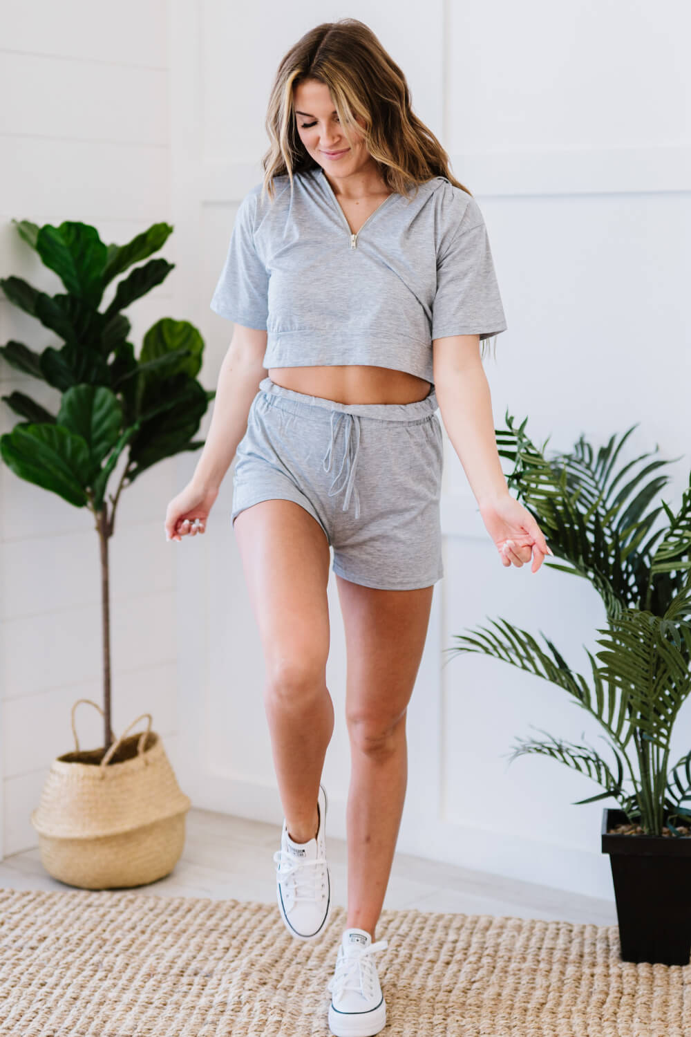 No Complaints Hooded Tee and Shorts Set featuring a cropped hooded tee and paperbag waist shorts in a stylish lounge set.