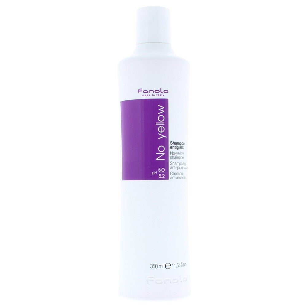 Fanola No Yellow Shampoo bottle with a sleek design, ideal for neutralizing yellow tones in blonde and gray hair.