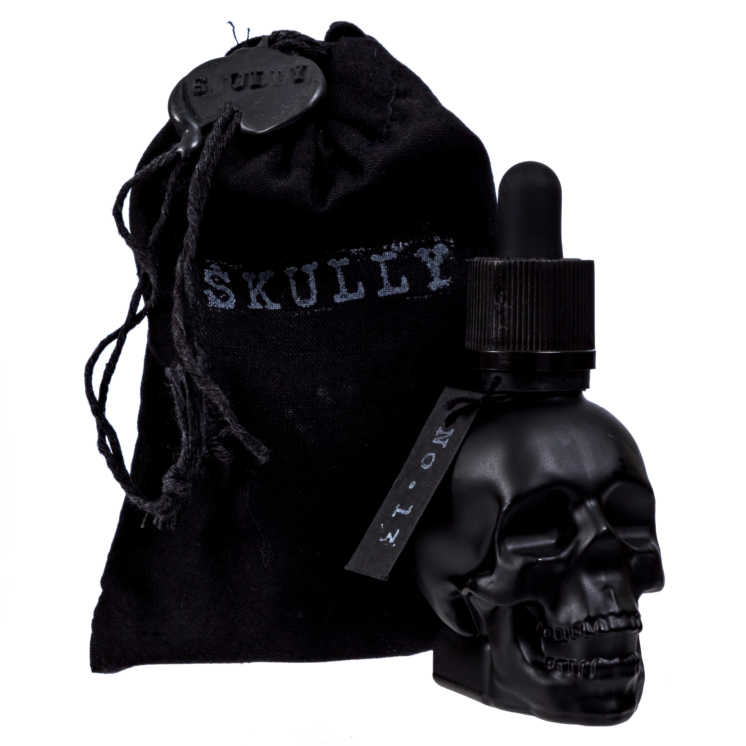 Black skull bottle with bag.