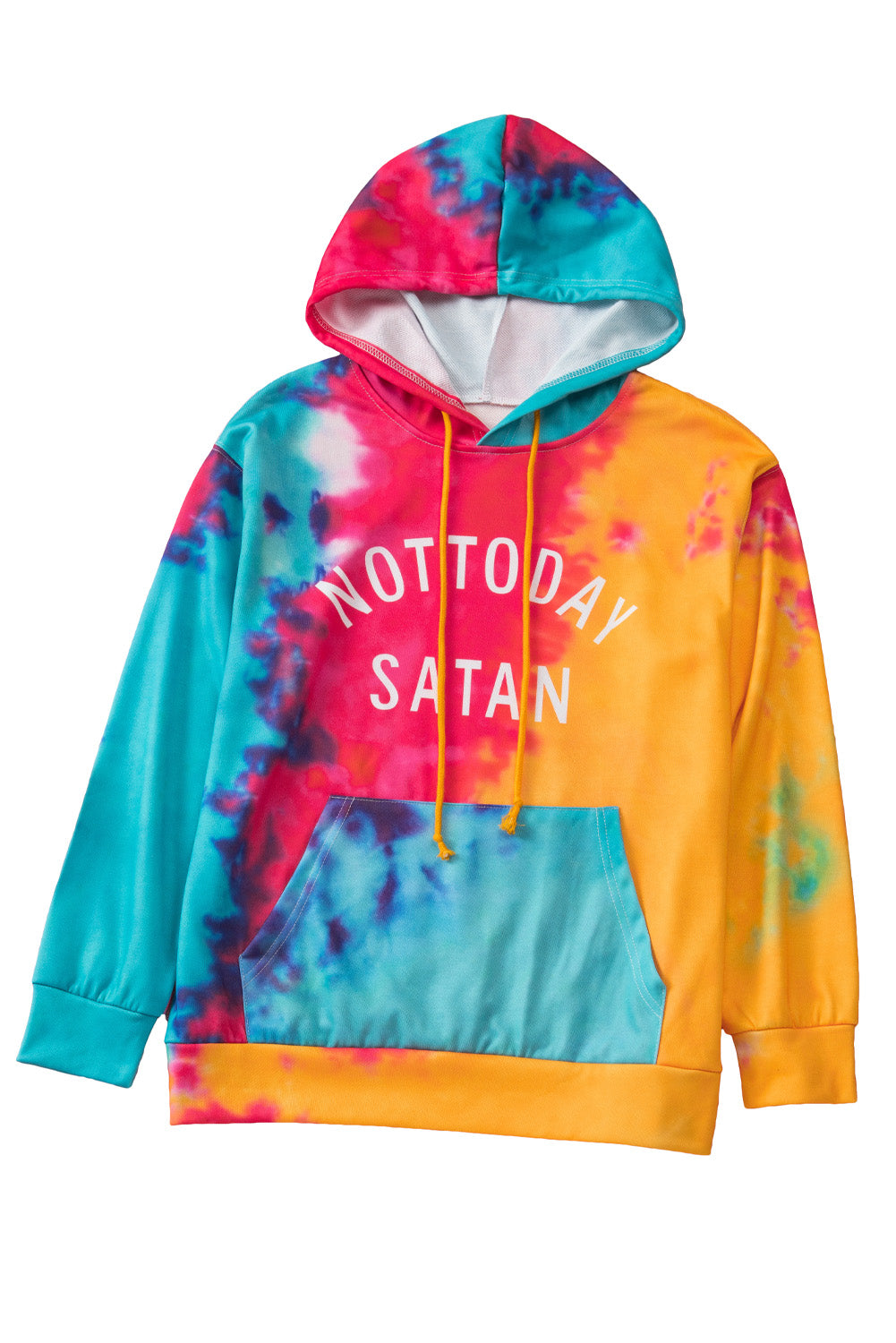 A colorful tie-dye hoodie featuring the phrase 'Not Today Satan' in white text, showcasing a unique blend of vibrant colors.