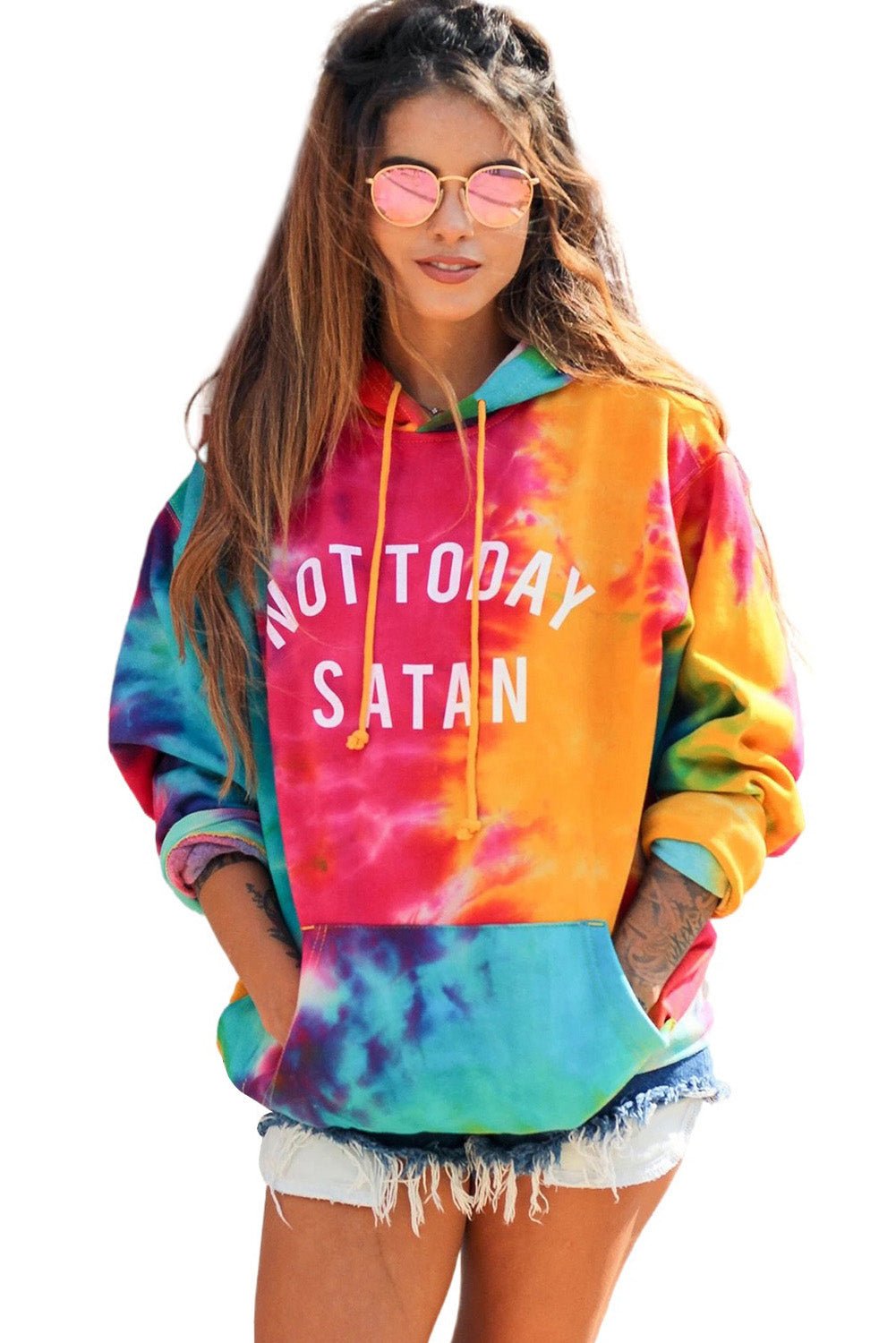 A colorful tie-dye hoodie featuring the phrase 'Not Today Satan' in white text, showcasing a unique blend of vibrant colors.