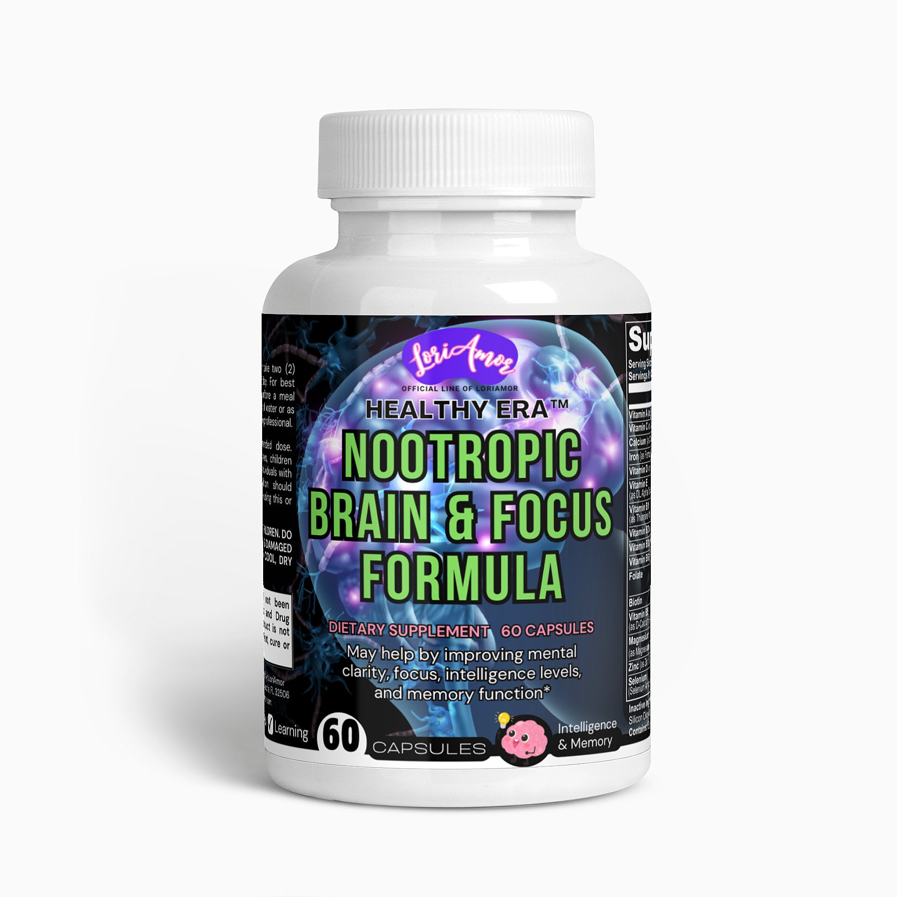 Nootropic Brain & Focus Formula capsules with a blend of amino acids and plant extracts for cognitive enhancement.