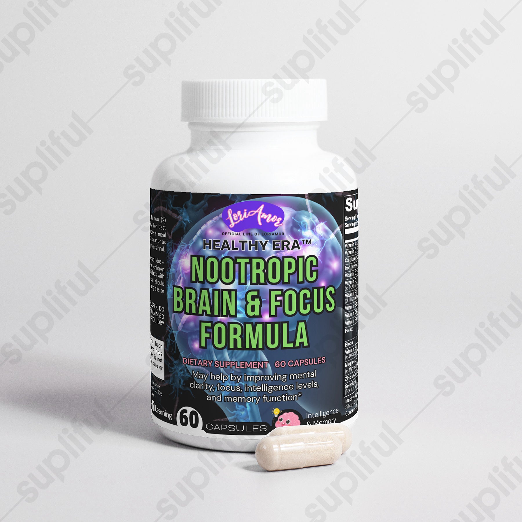 Nootropic Brain & Focus Formula capsules with a blend of amino acids and plant extracts for cognitive enhancement.