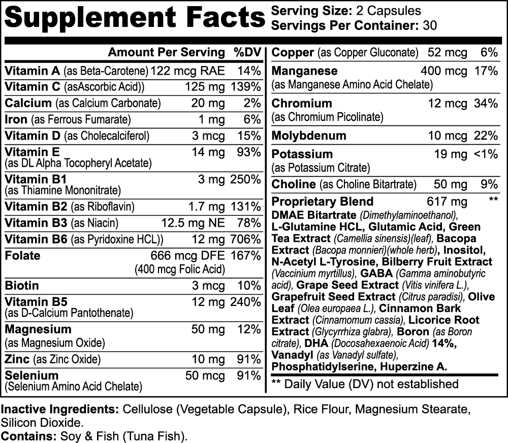 Nootropic Brain & Focus Formula capsules with a blend of amino acids and plant extracts for cognitive enhancement.