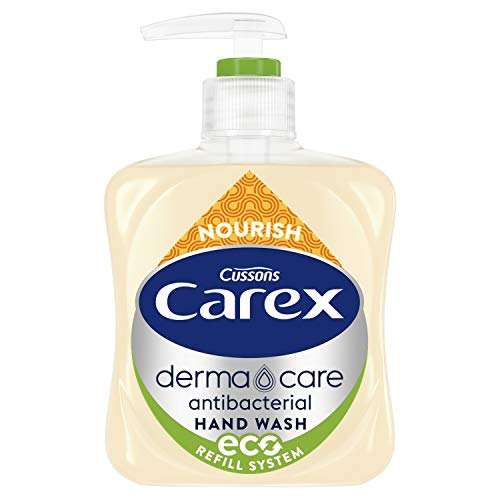 Carex Nourish Derma Care Antibacterial Hand Wash bottle with pump, featuring a sleek design and vibrant label.