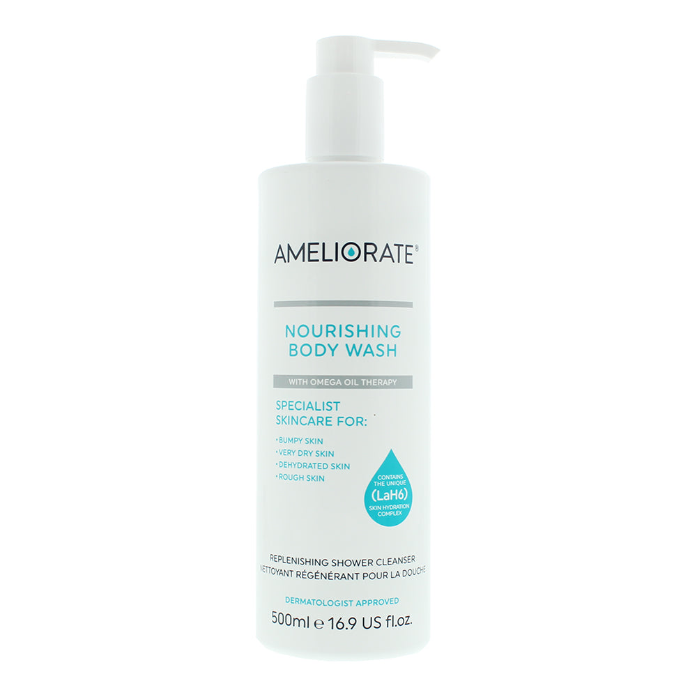 Ameliorate Nourishing Body Wash bottle with a sleek design, showcasing its hydrating formula and natural ingredients.