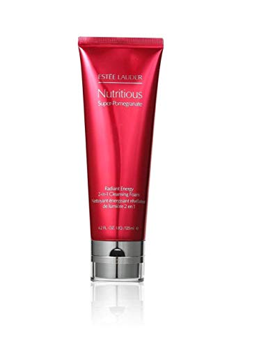 Estée Lauder Nutritious Super-Pomegranate Radiant Energy 2in1 Cleansing Foam in a sleek tube, showcasing its vibrant packaging and rich texture.