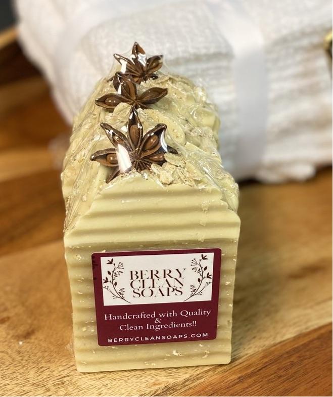 Oatmeal Milk & Honey Anise Soap bar with natural ingredients, showcasing its creamy texture and gentle exfoliating properties.