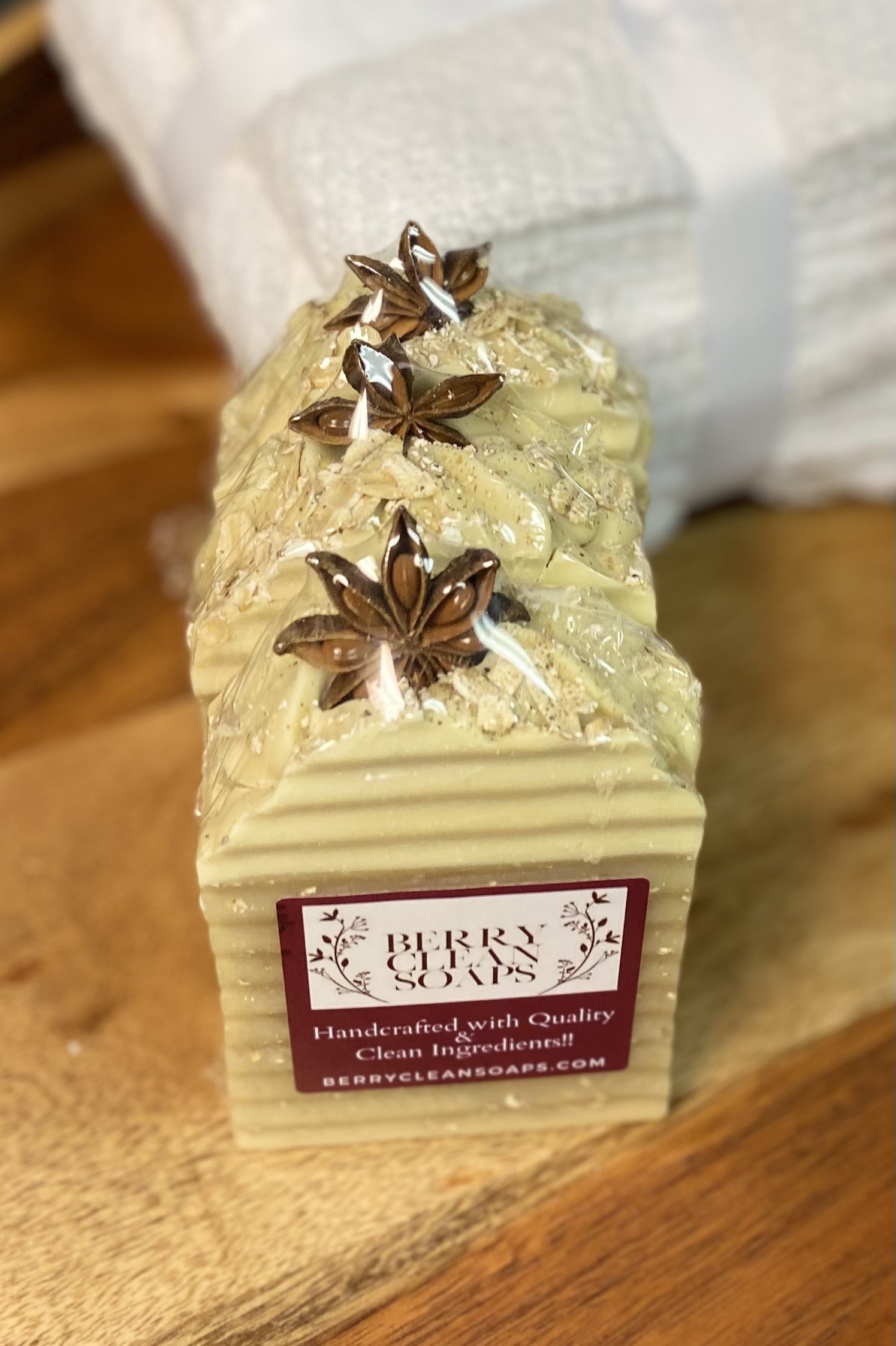 Oatmeal Milk & Honey Anise Soap bar with natural ingredients, showcasing its creamy texture and gentle exfoliating properties.