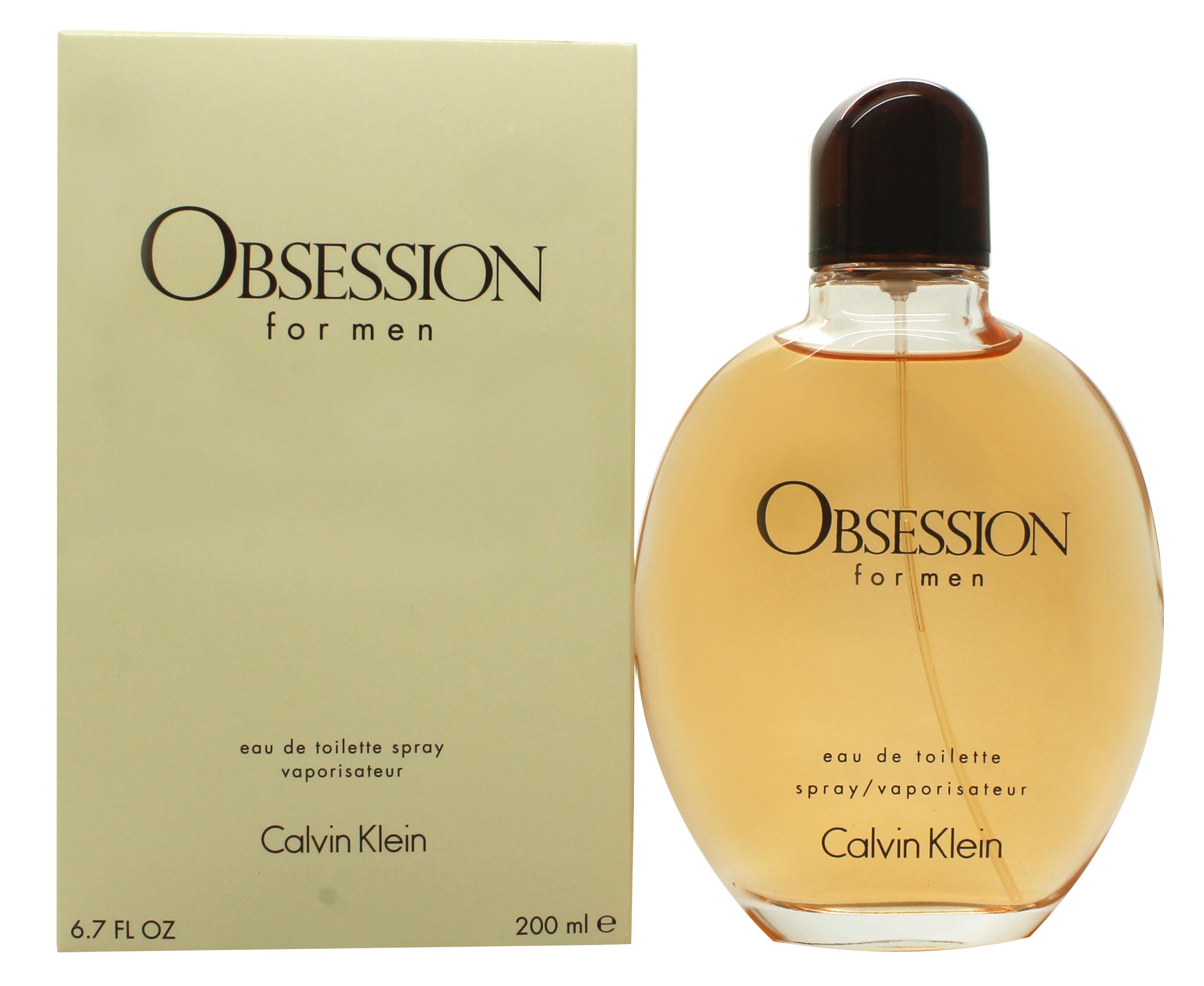 Obsession Eau de Toilette by Calvin Klein, a classic amber woody fragrance for men, elegantly packaged in a sleek bottle.