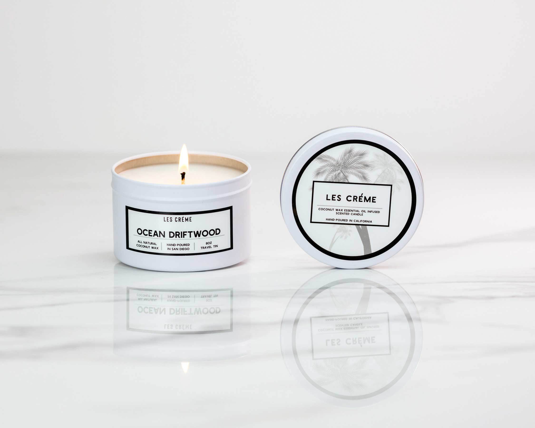 Ocean Driftwood Scent Coconut Wax Candle in a stylish jar, showcasing its natural coconut wax and cotton wick, perfect for home decor.