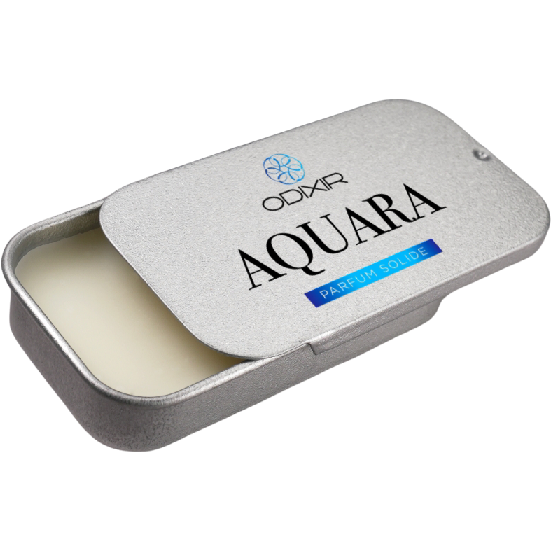 ODIXIR™ Parfum Solide Aquara solid perfume in a luxurious case, showcasing its elegant design and natural ingredients.