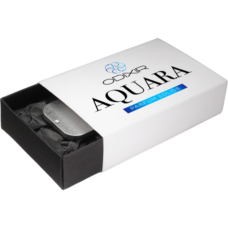 ODIXIR™ Parfum Solide Aquara solid perfume in a luxurious case, showcasing its elegant design and natural ingredients.