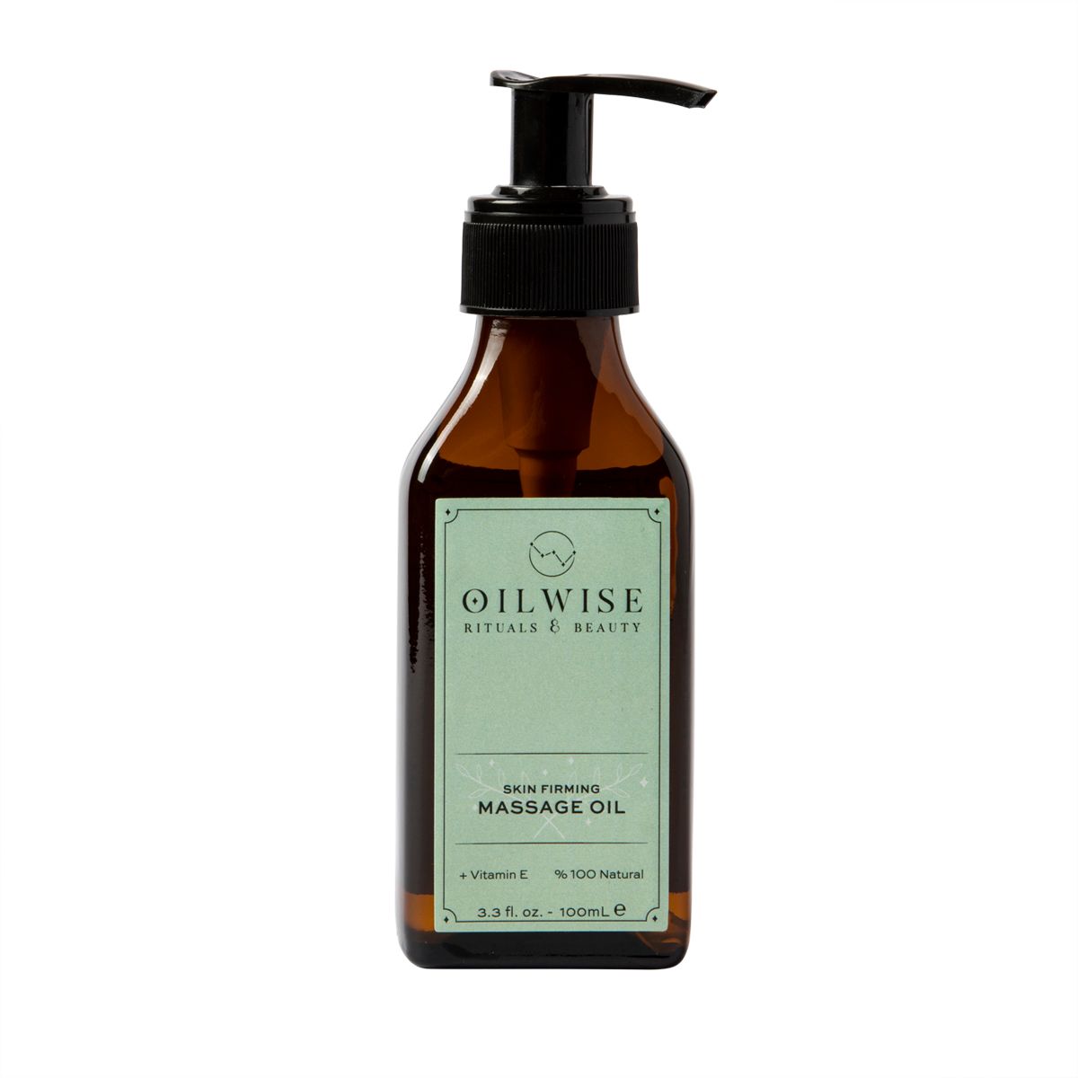 Oilwise Hautstraffendes Massageöl in einer eleganten Flasche, umgeben von natürlichen Zutaten wie Oliven, Orangen und Lavendel.