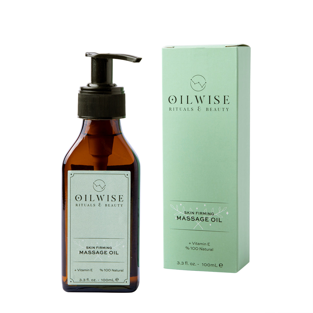 Oilwise Hautstraffendes Massageöl in einer eleganten Flasche, umgeben von natürlichen Zutaten wie Oliven, Orangen und Lavendel.