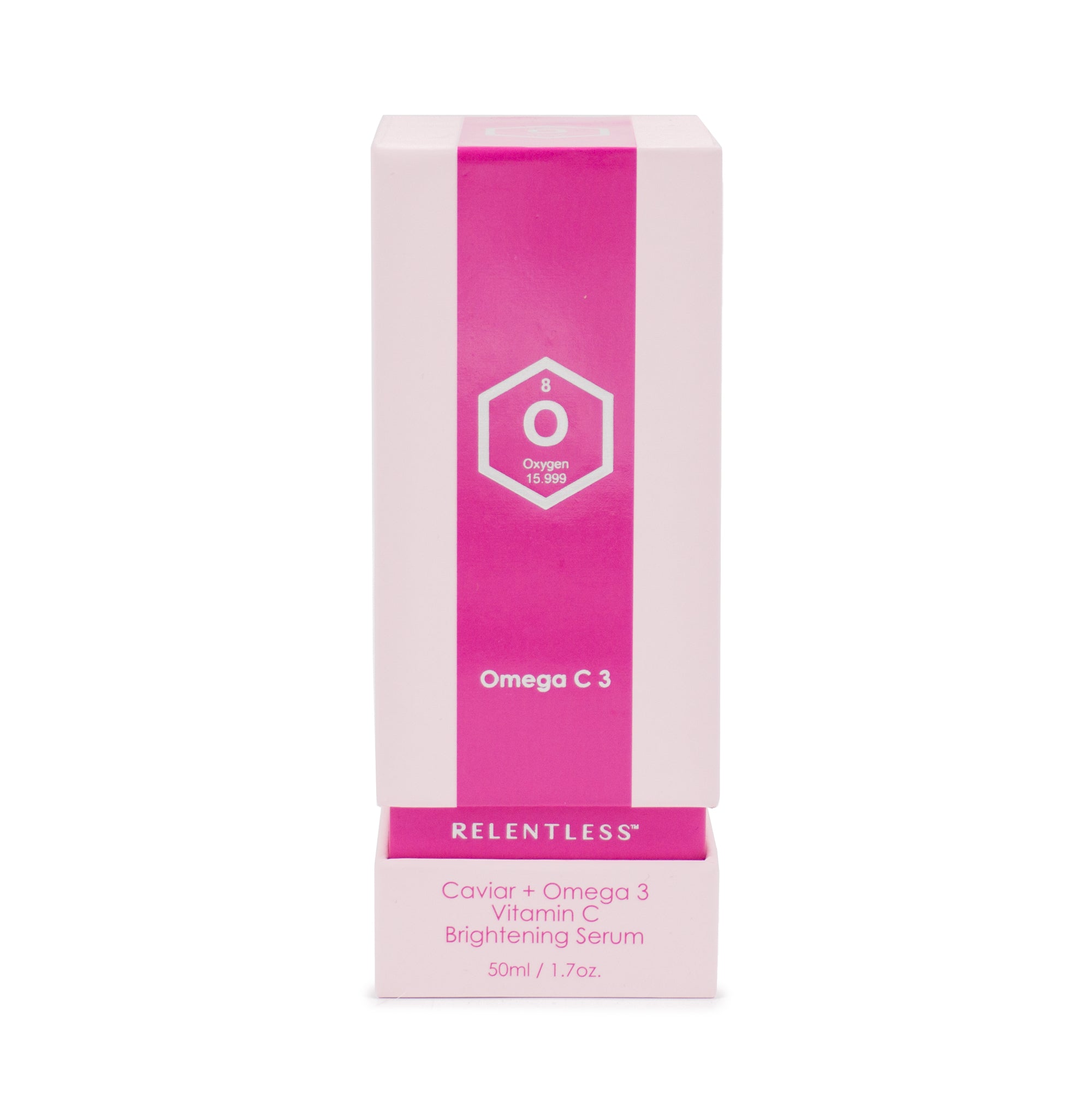 Omega C 3 Brightening Serum 50 ml bottle with a sleek design, showcasing its luxurious caviar and vitamin C ingredients.