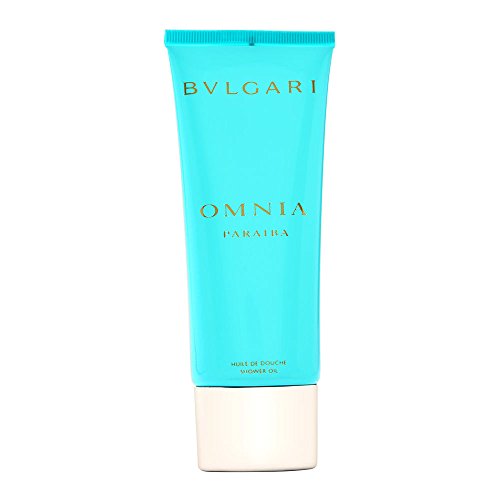 Bvlgari Omnia Paraiba Shower Oil bottle with vibrant tropical design.