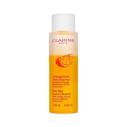 Clarins One-Step Facial Cleanser with Orange Extract in a sleek bottle, showcasing its vibrant packaging and refreshing formula.