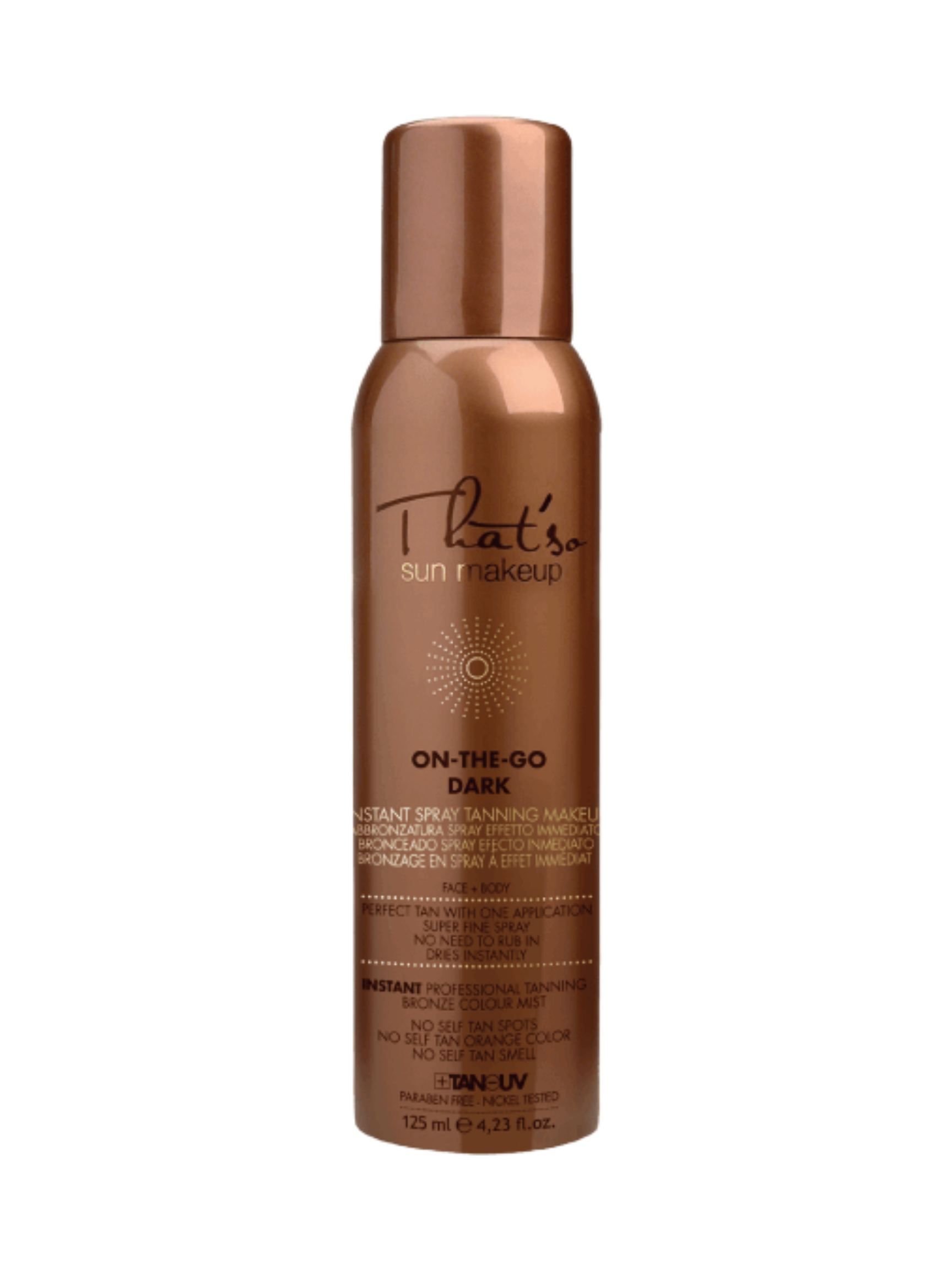 On-The-Go Dark tanning spray by That’s So Sun Make-Up, featuring a sleek bottle design with a bronzing formula for instant and lasting tan.